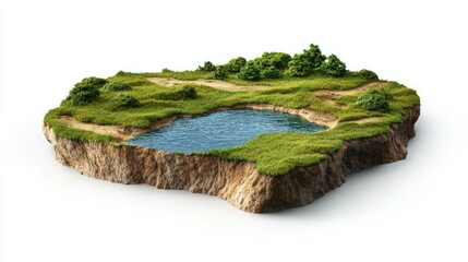 3D travel landscape slice, showing ground, grass, and water bodies, isolated on a white background