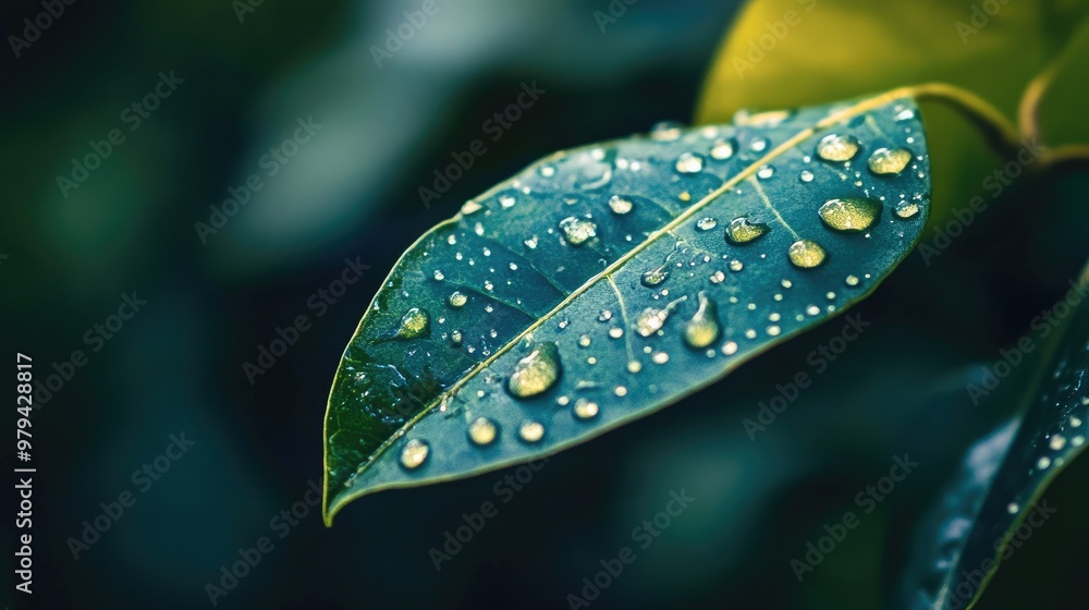 Poster detailed shot of a leaf with droplets of water forming a pattern, with a blurred background emphasiz