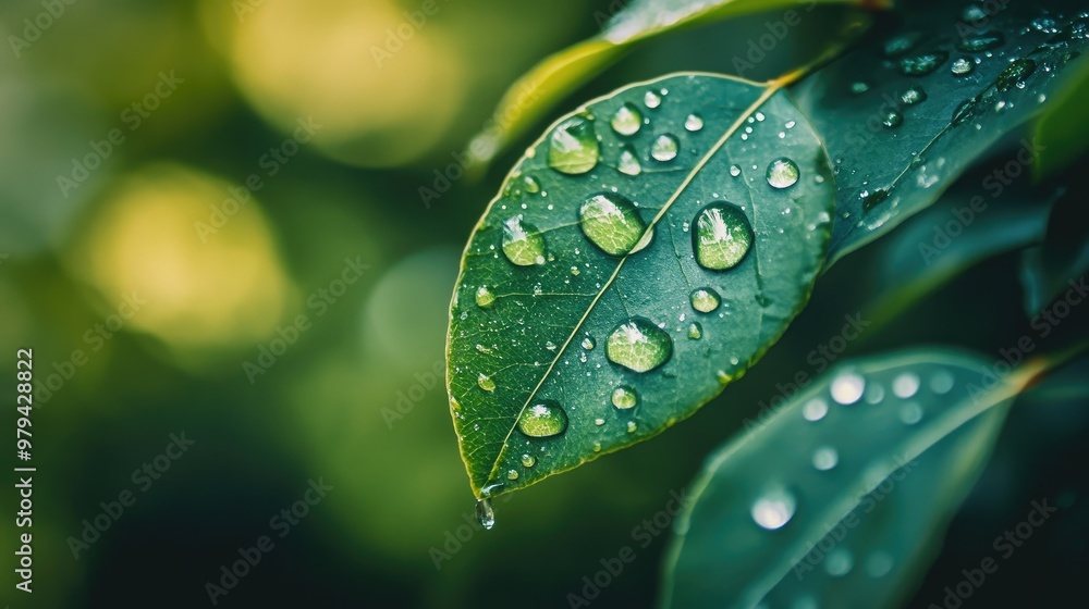 Poster detailed shot of a leaf with droplets of water forming a pattern, with a blurred background emphasiz