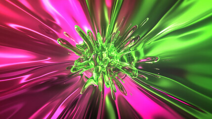 A 3D splash of electric green and magenta, with bold, dynamic shapes bursting from the center, creating a striking and lively abstract background with smooth, vivid transitions.