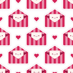 Seamless mail pattern with envelopes, letters, cards in pink color on a white background with hearts for kids. Vector illustration in flat style.