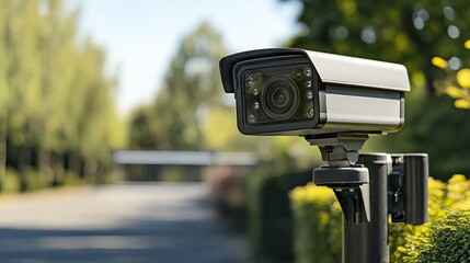 Outdoor security camera mounted on a pole with a blurred street in the background