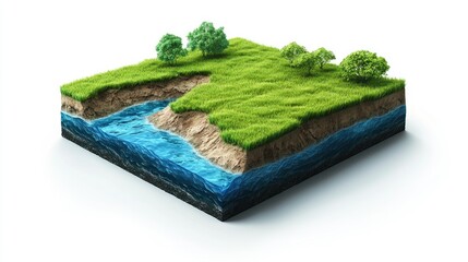 3D travel landscape slice, showing ground, grass, and water bodies, isolated on a white background