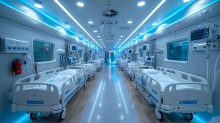 Naklejka premium An expansive hospital ward features numerous empty beds illuminated by soothing blue lights, showcasing a state-of-the-art healthcare environment