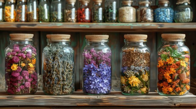 Colorful jars filled with vibrant dried flowers and aromatic herbs create a stunning display, illuminating the charm of a rustic herbal workshop