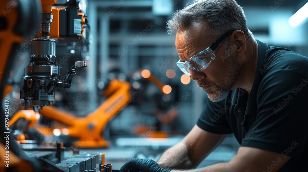Poster a technician overseeing smart machines in an advanced factory, with automated systems at work.