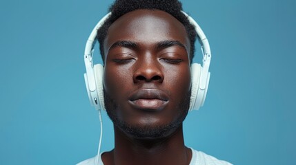 A young man with headphones enjoys a peaceful moment, fully absorbed in the music as he relaxes against a soothing blue background