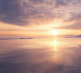 A serene winter landscape featuring reindeer walking across a frozen lake at sunset, with colorful skies reflecting on the ice.