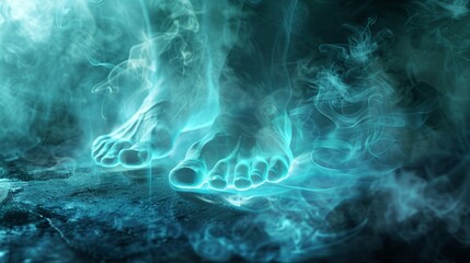 Obraz premium Glowing feet appear through a mystical mist, creating an enchanting atmosphere that evokes a sense of wonder and mystery in an otherworldly setting