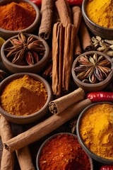 Traditional food spices and herbs in wooden bowl perfectly arranged for  artistic display for your advertisement needs.