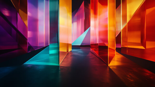 A color prism concept with light refracting through angular prisms, casting vivid hues of orange, teal, and purple across a dark, reflective black surface.