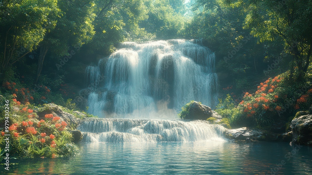 Aufkleber a waterfall is flowing into a pond with a lot of greenery