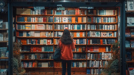 Illustrate a person shopping at a second-hand bookstore, browsing shelves