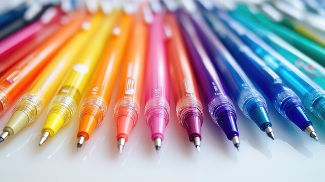 Detailed shot of a rainbow of colored pens laid out on a white surface, showing their different colors and tips