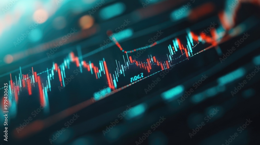 Poster detailed shot of a stock price graph with moving averages and volume indicators, on a financial webs