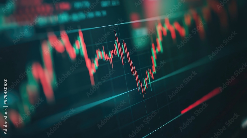 Poster detailed shot of a stock price graph with moving averages and volume indicators, on a financial webs