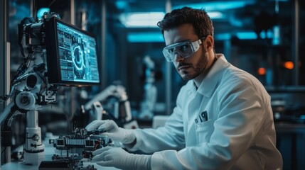 AI researcher analyzing the performance of an AI-controlled machine in a high-tech lab.