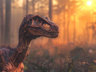 Dinosaur in the Golden Hour: A Prehistoric Encounter in the Forest