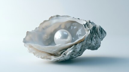 A single pearl nestled inside an open oyster, glowing against the mother-of-pearl surface. The white background highlights the pearl's natural beauty.