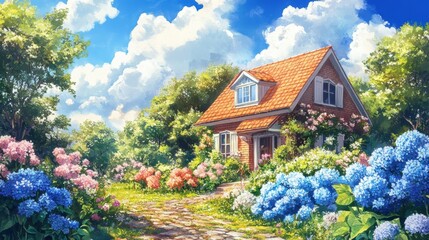 A charming cottage surrounded by vibrant flowers and lush greenery under a bright blue sky, perfect for serene nature scenes.