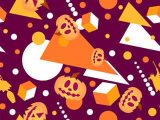 Halloween seamless pattern with geometric shapes in 80s Memphis style. Carved Halloween pumpkin with 3d cubes. Jack-o-lantern, trick or treat. Vector illustration