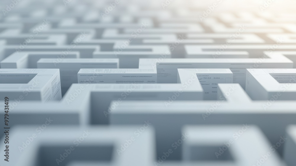 Poster a close-up view of a geometric maze, showcasing intricate patterns and pathways in a three-dimension