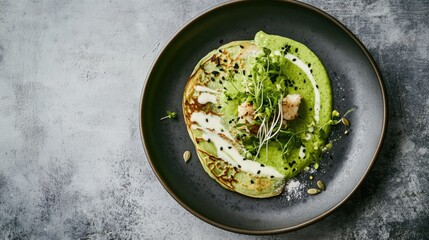 A sophisticated plate of green crepes with crab, avocado mousse, and hollandaise sauce, accented with microgreens and pumpkin seeds, set on a gray concrete surface.