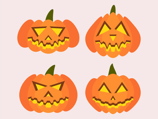 Halloween carved pumpkin icon set isolated on white background. Happy Halloween October 31st, trick or treat. Jack-o-lantern. Halloween pumpkins holiday decoration. Vector illustration