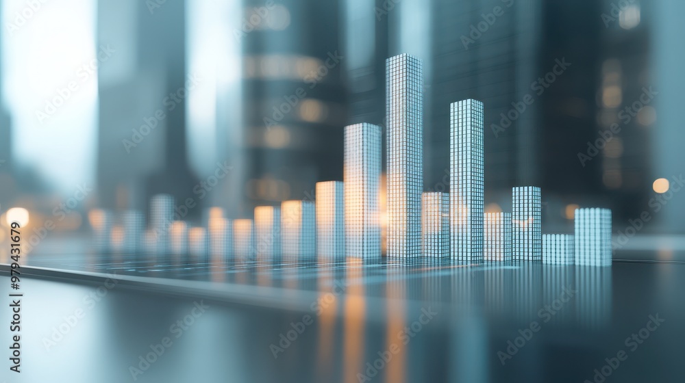 Poster a digital visualization of urban skyscrapers represented through glowing bar graphs, symbolizing dat