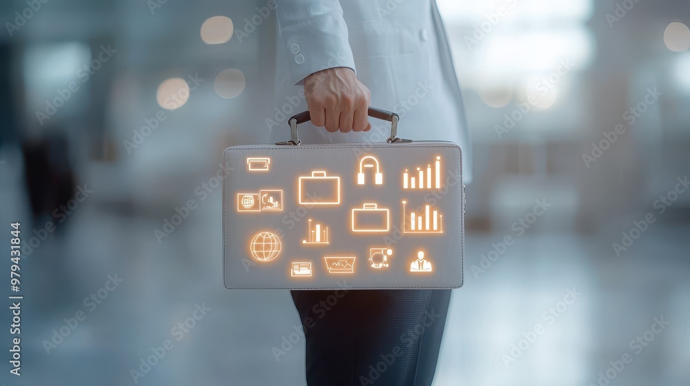 Poster a professional holding a briefcase illuminated with digital icons representing technology, security,