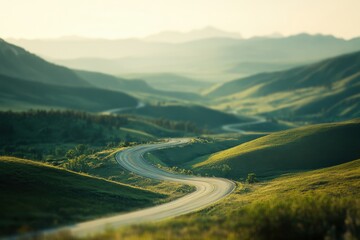 Fototapeta premium Serene winding road through lush green hills under soft sunlight.