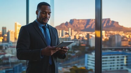  The executive, wearing a business suit, is focused on analyzing data while holding a report with financial charts in the other hand.