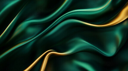 Fototapeta premium A flowing abstract background with silk folds in rich emerald and soft gold, with smooth textures and glossy highlights creating depth and elegance.