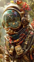 Fototapeta premium An astronaut wearing a helmet adorned with flowers, standing in a lush forest.