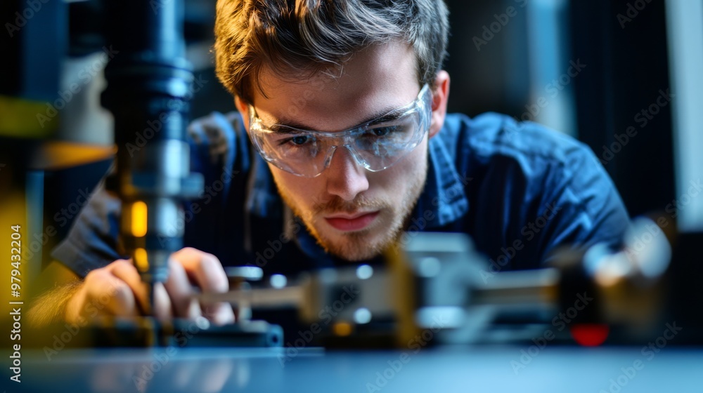 Poster engineer testing the precision of a newly manufactured component, using specialized measuring tools.