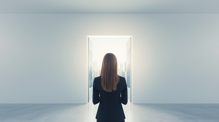 A woman stands before an open door, gazing into a bright, inviting space, symbolizing new beginnings and opportunities.