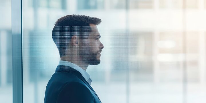 A man in business attire stands by a glass window, with a digital glitch effect overlaying his silhouette, suggesting themes of technology and data.