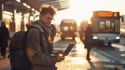 A man holding a laptop waits at a bus station at sunset, with buses and passengers in the background.