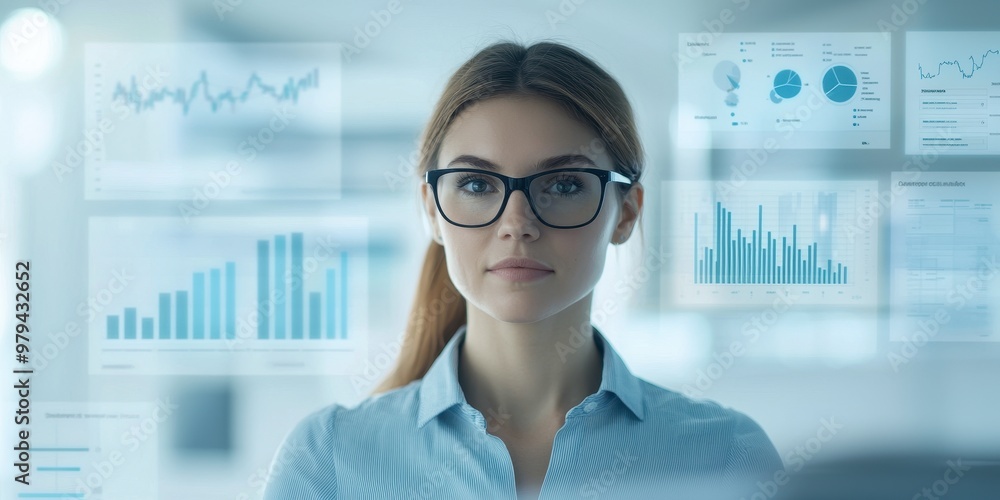 Poster a focused woman with glasses examines data displayed on screens, indicating a professional setting e