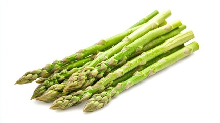 A tight cluster of fresh green asparagus stems, perfectly aligned and isolated on a white background, highlighting the vegetable's crispness and freshness.