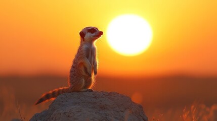 A small animal is standing on a rock in front of a large sun