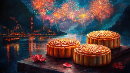 A festive mooncake display against a vibrant fireworks backdrop, celebrating tradition and culture by the riverside.