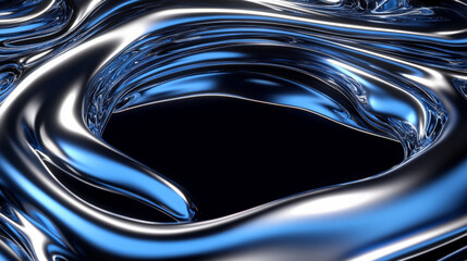 Fototapeta premium A futuristic fluid frame in metallic silver and blue, with flowing, liquid-like edges surrounding a dark gradient center, creating depth and movement.