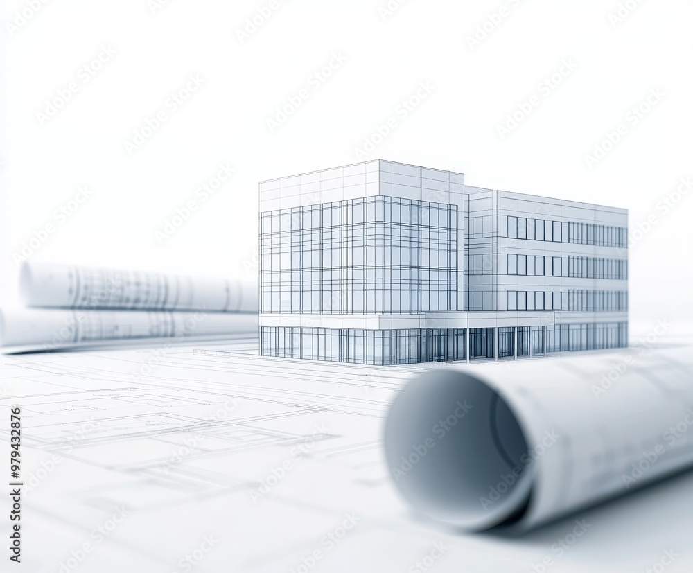 Poster a 3d architectural model of a building is displayed on top of blueprints, illustrating design plans 