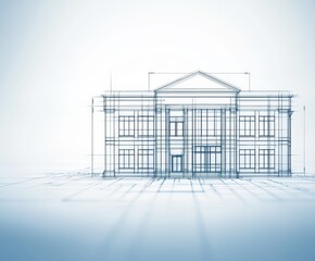 A minimalist architectural blueprint featuring a modern building design in a clean, blue-toned illustration.