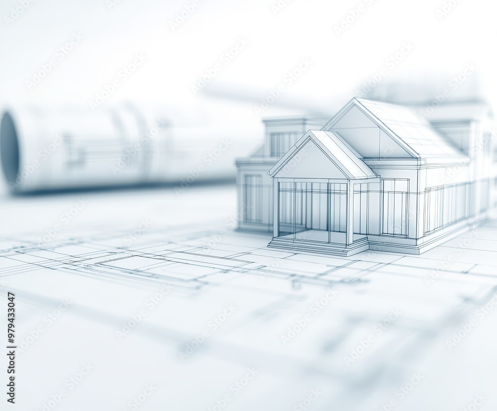 Poster a detailed architectural model sits on blueprints, showcasing a design concept in a minimalist style