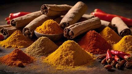 Traditional asian food spicies ,all arranged in a stunning and artistic display for your advertisement needs.