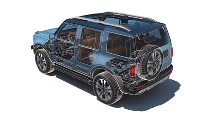 Presented with a ghost effect, a detailed cutaway image of a generic SUV is isolated on a white background.
