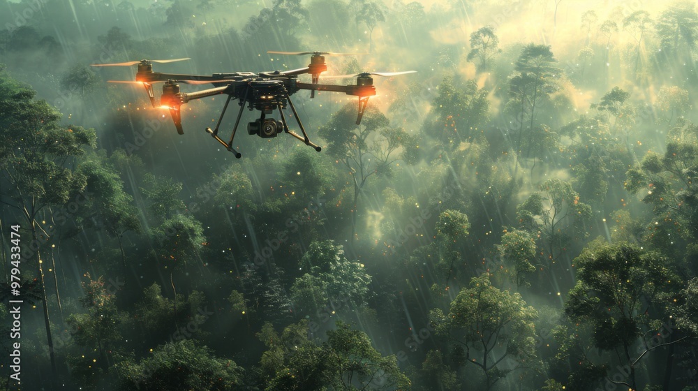 Poster paint a scene of a drone assisting in search and rescue operations, using thermal imaging and advanc