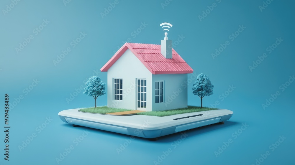Aufkleber 3d-rendered wireless network in a home setting, featuring a router and a small house model on a tabl